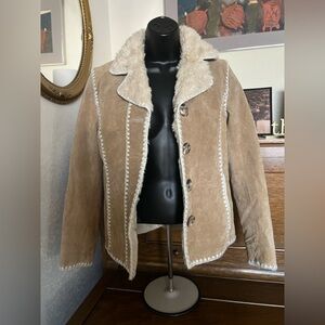 Vintage Wilsons Leather Cream and Tan Teddy Jacket w/ crochet trim